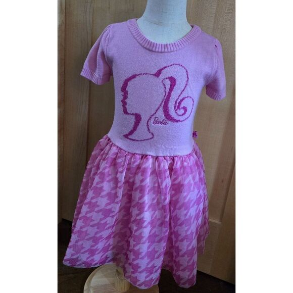 Barbie Pink Dress W/ Houndstooth Skirt 6-6X Short Sleeves Girls Cute & Stylish - Picture 1 of 4